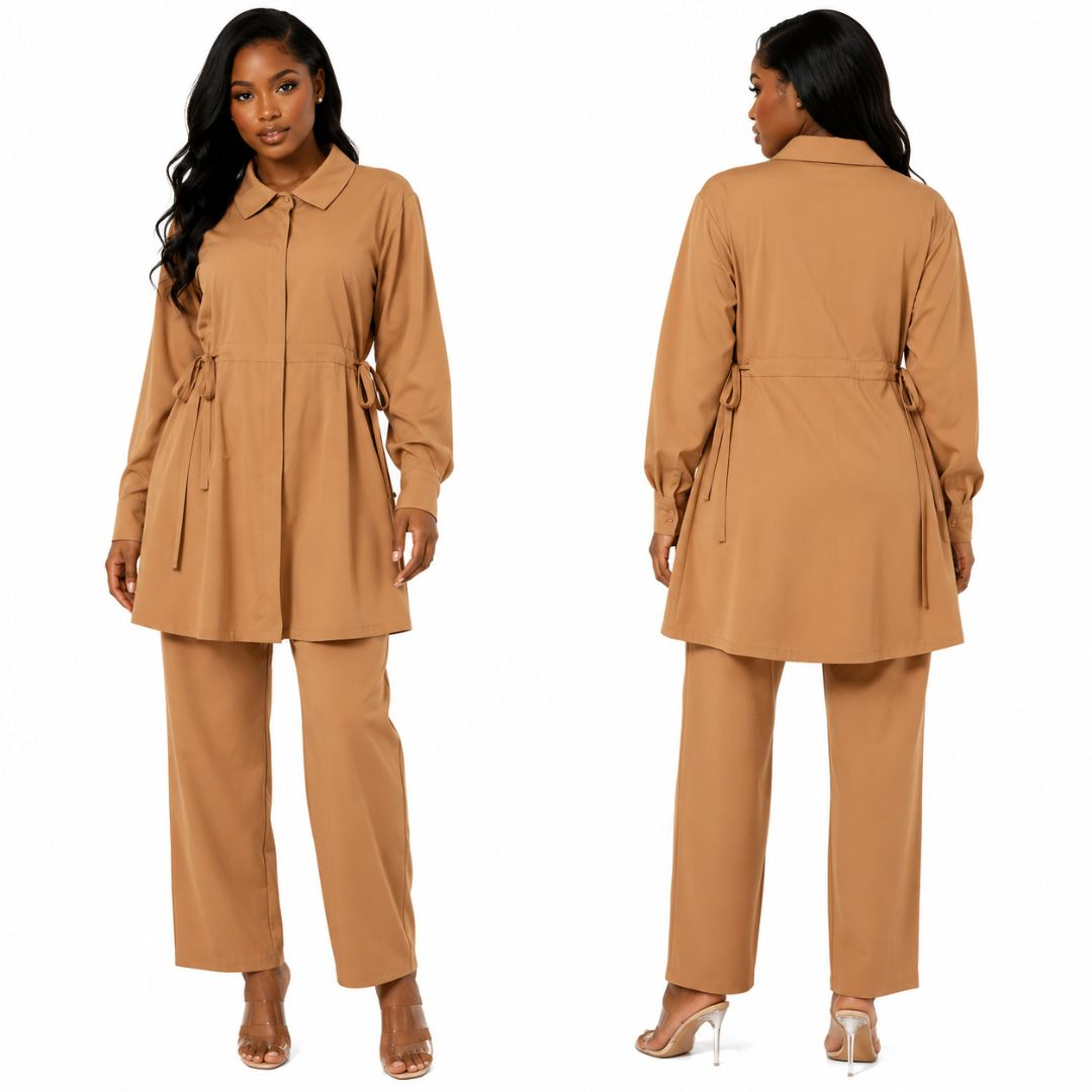 Elegant Camel Two Piece Tunic and Wide Leg Trouser Set for Women